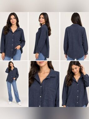 Elie Tahari Navy Textured Button-Down Shirt